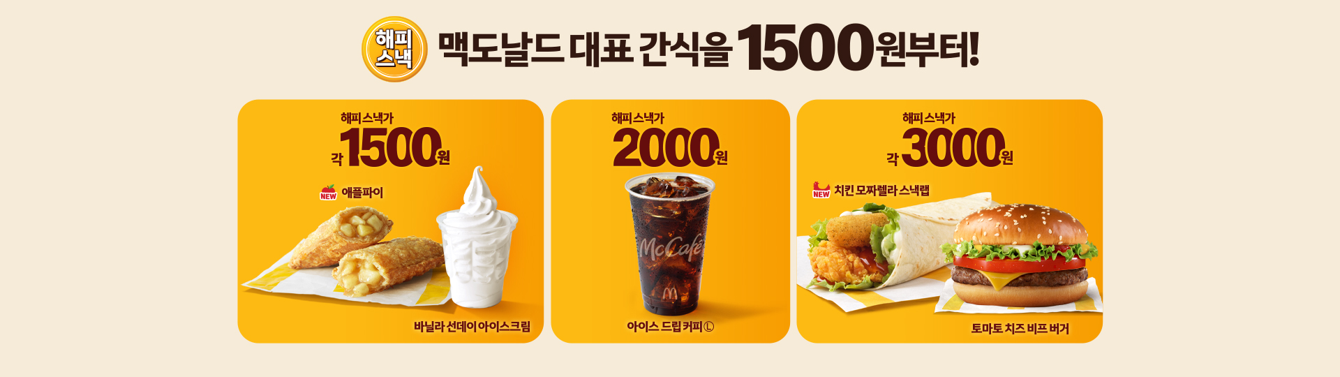 맥도날드 해피스낵 프로모션 배너. 상단에는 “맥도날드 대표 간식을 1500원부터!”라는 문구가 표시되어 있고, 하단에는 세 가지 가격대별 제품이 소개되어 있음.  첫 번째 영역: 해피스낵 각 1500원. NEW 표시가 있는 애플파이와 바닐라 선데이 아이스크림 이미지. 두 번째 영역: 해피스낵 2000원. 아이스 드립 커피(L) 이미지. 세 번째 영역: 해피스낵 각 3000원. NEW 표시가 있는 치킨 모짜렐라 스낵랩과 토마토 치즈 비프 버거 이미지. 배경은 노란색과 베이지색 계열로 구성되어 있으며, 전체적으로 따뜻하고 밝은 느낌의 디자인.