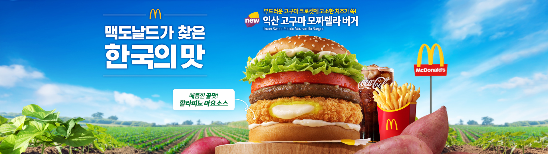 맥도날드가 찾은 한국의 맛_신제품 부드러운 고구마 크로켓에 고소한 치즈가 쏙! 익산 고구마 모짜렐라 버거_감자튀김과 탄산음료M 제품 사진 포함_배경에는 맥도날드 폴사인과 고구마 이미지가 포함되어 있음